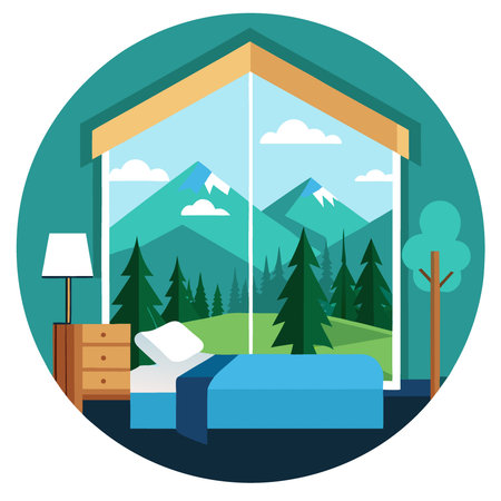 Hotel room with panoramic windows overlooking the forest and mountains. a panorama of the mountain landscape and tranquility. mountain. clean air. Camping. AI generated. Vector iconのイラスト素材