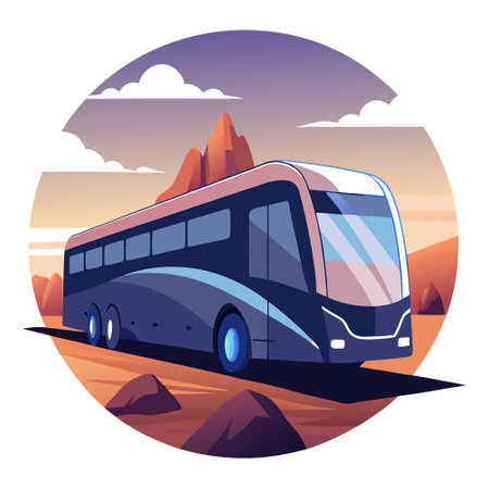 Sleek Ultra modern Electric tour bus RV recreational vehicle on a remote desert road at dusk.self driving.clean energy.Public Transit.cinematic .Renewable Energy. AI generated. Vector iconのイラスト素材