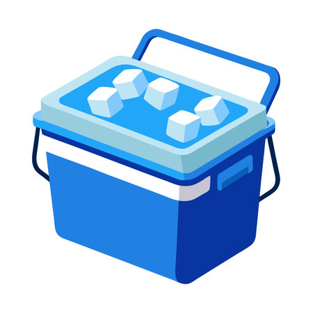 Blue Portable Cooler with Ice Cubes - A blue portable cooler filled with ice cubes. designed for keeping food and drinks chilled during outdoor activities. picnics. or travel.. AI generated. Vector iconのイラスト素材