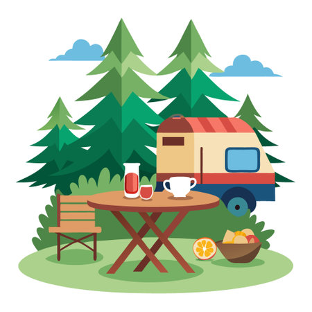 A cozy camping setup featuring a wooden picnic table filled with delicious food and drinks. with trailers in the background under tall trees.. AI generated. Vector iconのイラスト素材