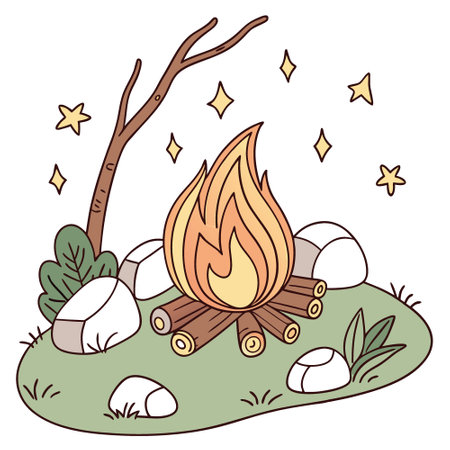 Camping fire with stones on transparent background. cartoon style. AI generated. Vector iconのイラスト素材