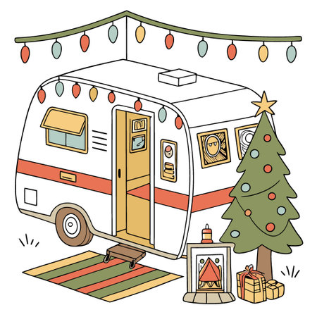 Cozy rv trailer decorated for Christmas holidays. festive atmosphere. AI generated. Vector iconのイラスト素材