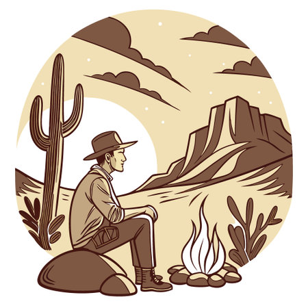 Man sits by a campfire at sunset outdoors in the American southwest. AI generated. Vector iconのイラスト素材