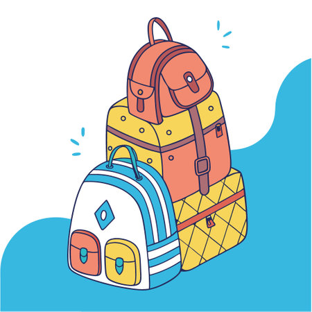 A vibrant pile of colorful backpacks stacked on a bright blue background.. AI generated. Vector icon