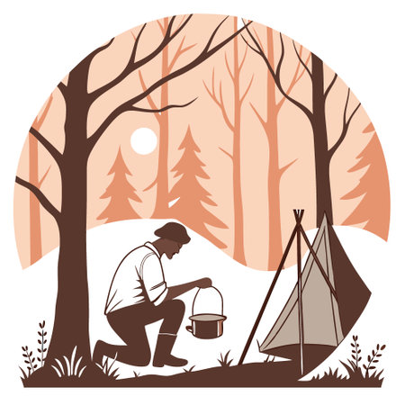Man cooking on the bonfire in the forest. camp tent on the background with sunrise. AI generated. Vector iconのイラスト素材