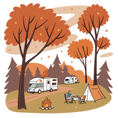 Cozy Autumn Camping Scene with a Barbecue Grill and RVs in a Scenic Forest Setting. AI generated. Vector iconのイラスト素材