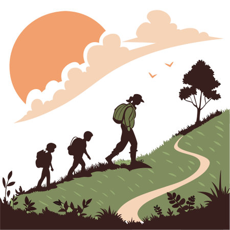 Silhouette of a family hiking up a mountain trail. backpacks on. sunset casting long shadows. AI generated. Vector iconのイラスト素材