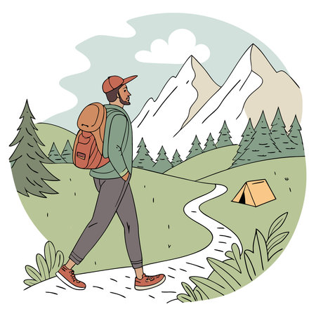 A man with a backpack is hiking. Walk in the mountains. Vacation in nature. Camping holidays. AI generated. Vector iconのイラスト素材