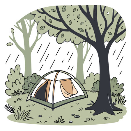 Tent for camping in the wild forest surrounded by rain in summer. Nature relax wallpaper.. AI generated. Vector iconのイラスト素材