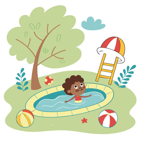 Kid playing in the pool. Summer fun in the water. Summertime activities creative background. . AI generated. Vector iconのイラスト素材