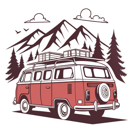 Red Vintage Van in Adventure Camping designs for Tshirt print on demand on white background.. AI generated. Vector iconのイラスト素材