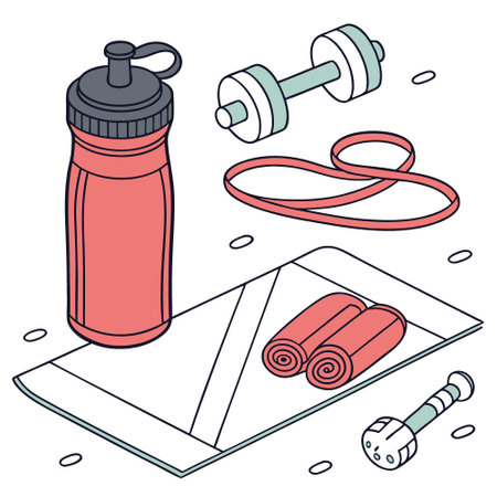 Red water bottle with black lid. fitness equipment in the background. white isolate background. AI generated. Vector iconのイラスト素材