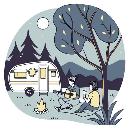 Cozy warm evening near travel trailer. campfire and guitar. family camping on caravan. rest at nature. AI generated. Vector iconのイラスト素材