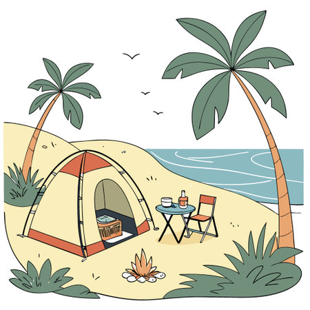 Coastal camping. Beach tent. chairs table. and barbecue grill. perfect seaside retreat by the ocean. AI generated. Vector iconのイラスト素材