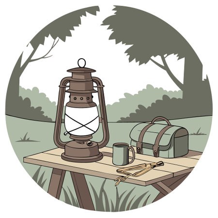 Camping acetylene lantern on wooden table with blurred background in camping area at natural parkland.. AI generated. Vector iconのイラスト素材