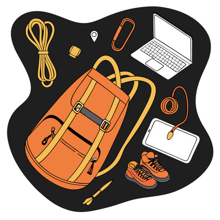 Orange backpack flat lay of various technologies with climbing equipment arranged on black...