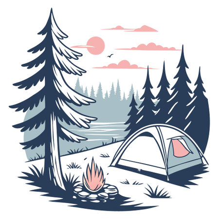 Camping under pine trees near a sunny lake in the morning Copy space image Place for adding text or design. AI generated. Vector iconのイラスト素材