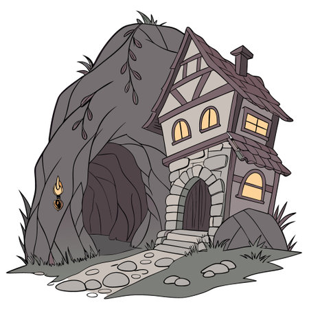 Abandoned Cartoon House and Magic Stone Cave Entrance with Burning Fire. Rocky Tunnel and Light at the End. AI generated. Vector iconのイラスト素材