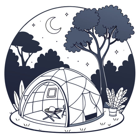 A transparent bubble tent offering a unique and immersive camping experience under a starry night sky.. AI generated. Vector iconのイラスト素材