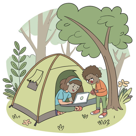 Kids using tablet computer while camping in the woods technology meets nature in the forest tent playtime. AI generated. Vector iconのイラスト素材