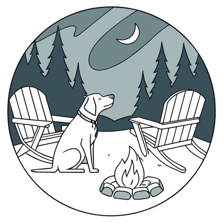 Dog sitting by a cozy fire pit with luxury camping chairs around it. glamping with your pet. intimate and stylish. AI generated. Vector iconのイラスト素材