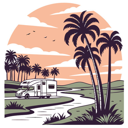 Serene sunset over luxurious RV resort surrounded by tall. swaying palm trees and tranquil water features. evoking a. AI generated. Vector iconのイラスト素材