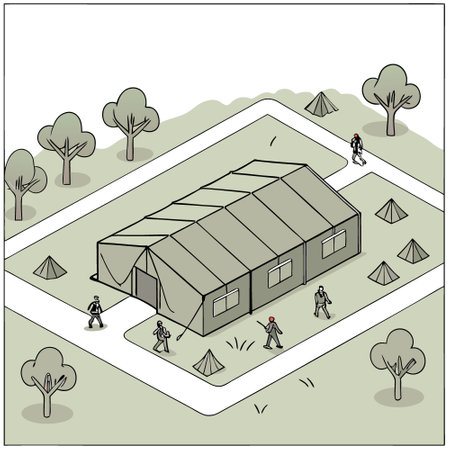 Military tent in the field big tent city field camp in nature military base with temporary barracks military exercises. AI generated. Vector iconのイラスト素材