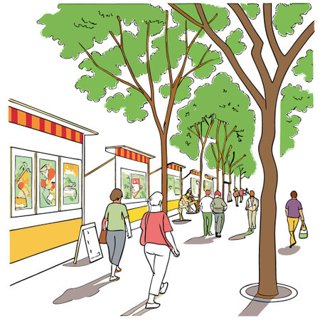 Crowd of people enjoying an art fair on a sunny street lined with vibrant artwork displays and shaded by green trees.. AI generated. Vector iconのイラスト素材