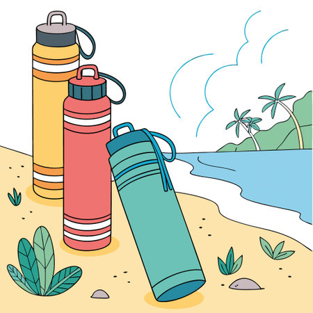 Colorful water bottles on a sandy beach. perfect for outdoor activities and hydration. Ideal for summer and travel themes.. AI generated. Vector iconのイラスト素材