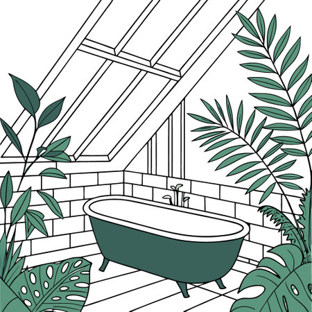 Bright and Elegant attic glass bathroom with bathtub and subway tile and a variety of green plants of deep forest style. . AI generated. Vector iconのイラスト素材