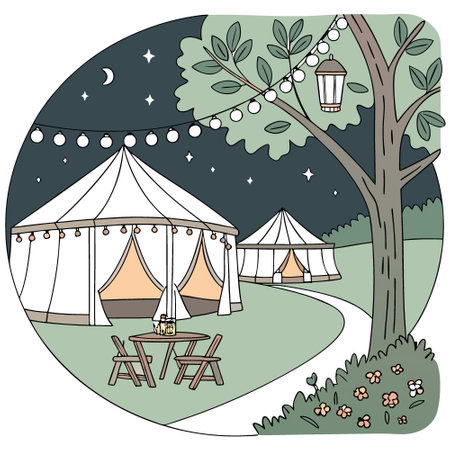 Cozy. ambient outdoor event in the evening - festive string lights. marquee tents. rustic wooden tables. lanterns. floral centerpieces. AI generated. Vector iconのイラスト素材