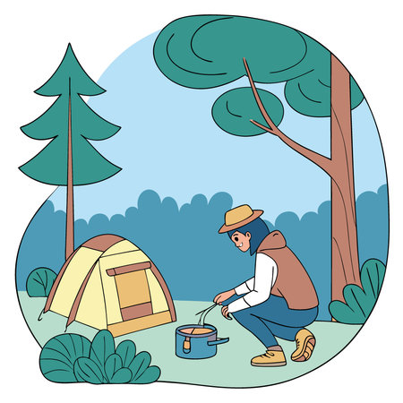 A person cooking in a pot on a portable stove in a forest setting. with camping gear around and a tent in the background. . AI generated. Vector iconのイラスト素材
