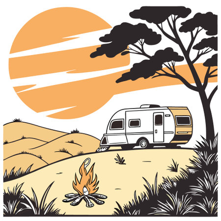 Illustration of caravan parked on sandy terrain with dry vegetation and burning bonfire against bright sundown sky in nature. AI generated. Vector iconのイラスト素材