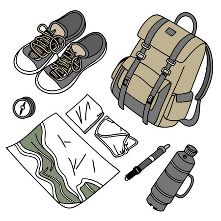 Flat lay of camping equipment and trekking clothes isolated on white background. Top view of shoes...