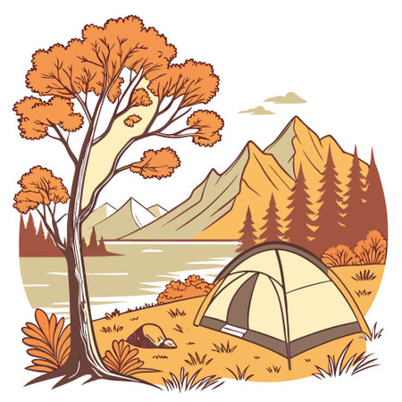 A stunning autumn landscape unfolds outside the tent with vibrant orange trees. a serene lake. and majestic mountains in the backdrop. AI generated. Vector iconのイラスト素材