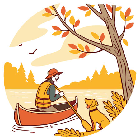 A young man rowing a canoe with his aspin dog in sunny autumn weather. Active pets. happy dog and owner on an backcountry adventure.. AI generated. Vector iconのイラスト素材