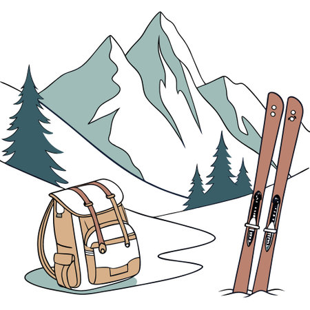 Backpack and Skis on Snowy Mountain. Adventure Gear Resting on Majestic Landscape. Ski in winter season. mountains and ski touring equipment. . AI generated. Vector iconのイラスト素材