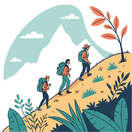 A bunch of backpackers are trekking up the majestic mountain. surrounded by the vast natural landscape. enjoying the sky. plants. and soil along the way. AIG41. AI generated. Vector iconのイラスト素材