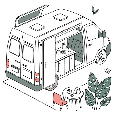 A beautifully converted van interior showcases a cozy and functional mobile living space with a small kitchen. seating area. and greenery. reflecting a minimalist lifestyle.. AI generated. Vector iconのイラスト素材