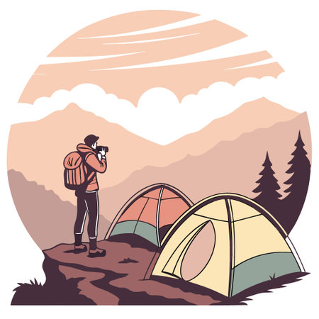 A serene morning scene with two tents set up on a mountain peak. as a person stands between them. gazing at the sunrise over a range of misty mountains and valleys.. AI generated. Vector iconのイラスト素材