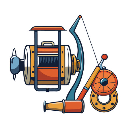 A close-up view of fishing reels and equipment displayed at a marina.. AI generated. Vector iconのイラスト素材