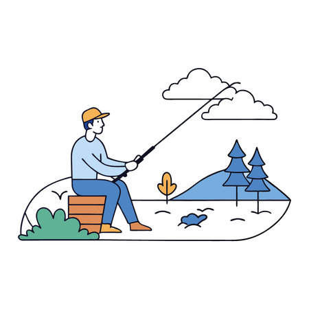 Tranquil Scene of a Man Fishing by the Lake Surrounded by Nature and Peaceful Water Reflections. AI generated. Vector iconのイラスト素材