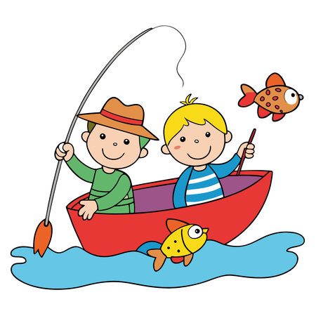 Two children enjoying a fun fishing adventure on a colorful boat surrounded by playful fish in the water.. AI generated. Vector iconのイラスト素材