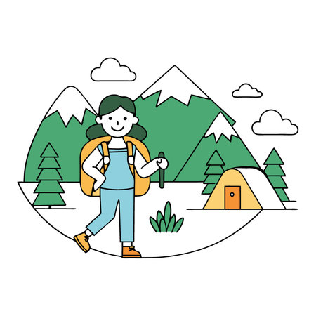 Outdoor adventure exploration. hiking trails camping trips and nature escapes. Girl with a backpack. AI generated. Vector iconのイラスト素材