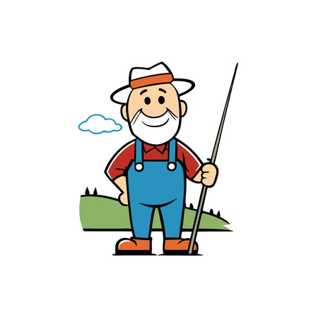 Humorous Redneck Cartoon Character in Overalls with a Fishing Pole and a Country Landscape Background. AI generated. Vector iconのイラスト素材