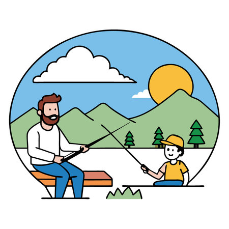 Father and Son Enjoying a Peaceful Fishing Trip by the Lake at Sunset. Surrounded by Nature's Beauty. AI generated. Vector iconのイラスト素材