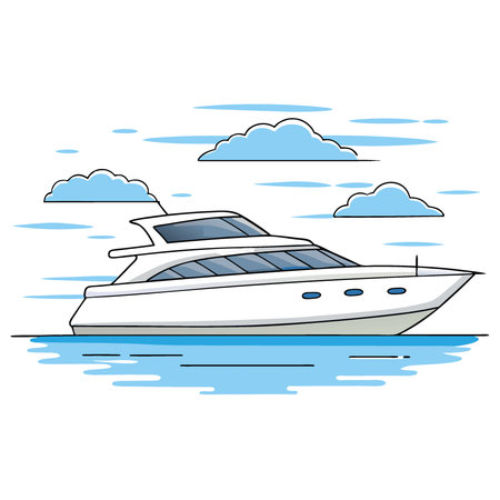 A sleek white yacht glides gracefully across calm waters. surrounded by a serene. misty atmosphere.. AI generated. Vector iconのイラスト素材