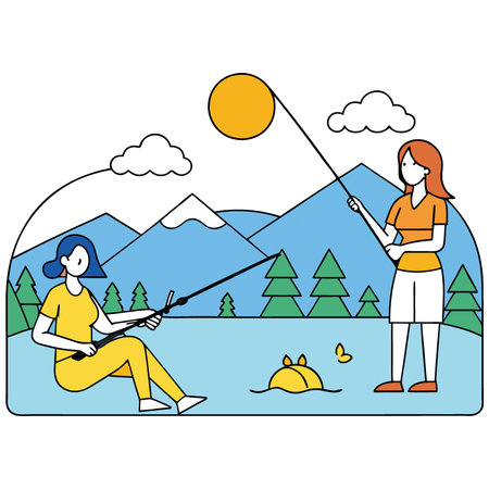 Stunning women enjoying a sunny day fishing by the lake. showcasing fun and outdoor adventure vibes. AI generated. Vector iconのイラスト素材