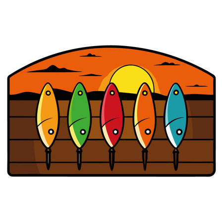 Colorful fishing lures arranged neatly on a wooden dock during sunset reflecting vibrant hues on the water. AI generated. Vector iconのイラスト素材