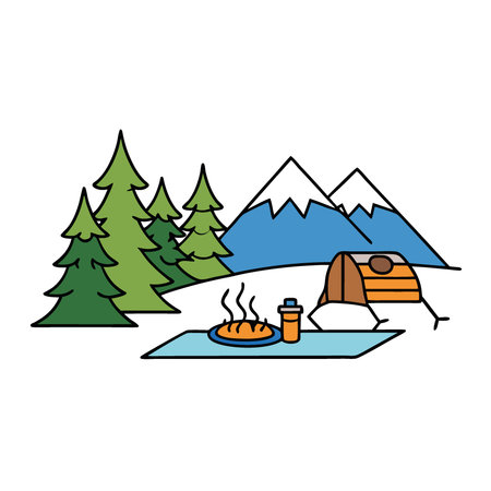 A rugged outdoor campsite. with a grill smoking fresh fish caught from the nearby river. pine trees towering overhead. AI generated. Vector iconのイラスト素材